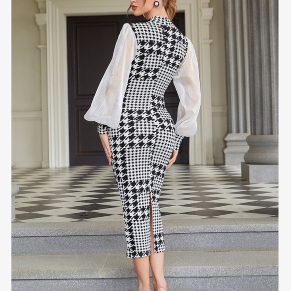 Elegant Classic Houndstooth Mesh Puff Long Sleeve Slit Back Bodycon Pencil Dress - Picture 2 of 10